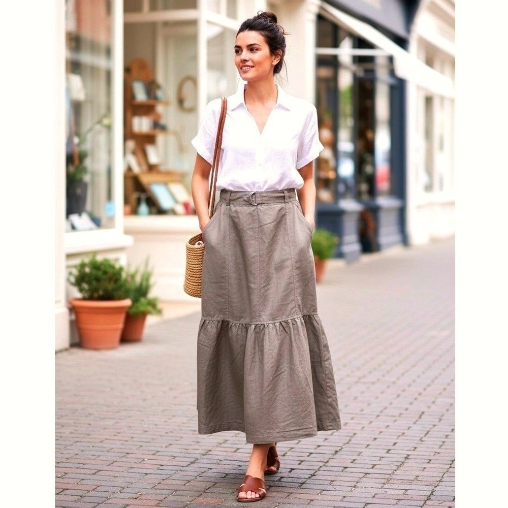 NEW Tiered Maxi Skirt Womens Large Taupe Belt Ruffle Cotton Blend Stretch‎ Waist